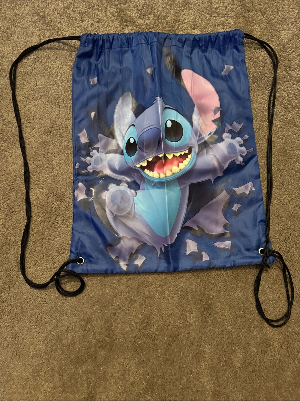 Disney Stitch Blue Drawstring Backpack with Black Cords